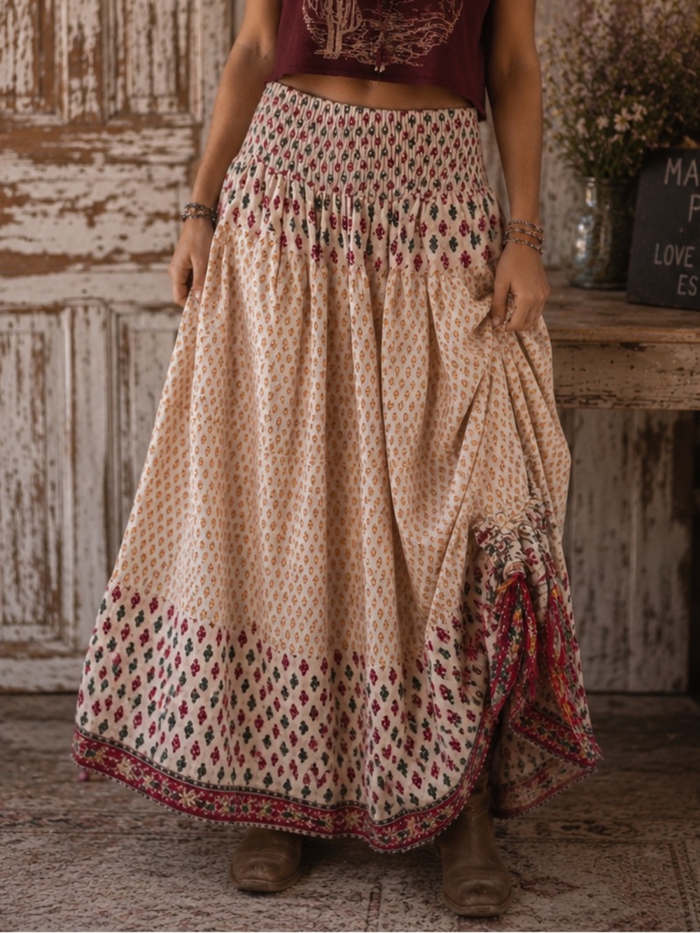 NWT | Neutral Kantha Maxi Skirt | Smocked Waist | Skirt Hike Cinching | One Size